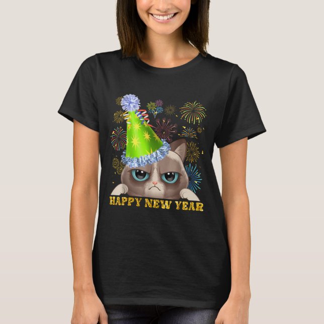 Camiseta Happy New Year 2026 Funny Cat New Year's Eve Hat G (Frente)