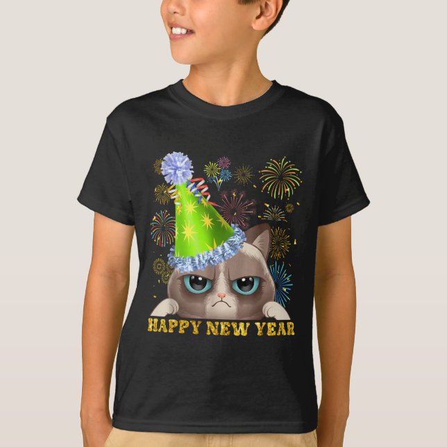 Camiseta Happy New Year 2026 Funny Cat New Year's Eve Hat G (Frente)