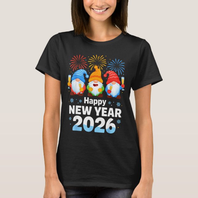 Camiseta Happy New Year 2026 Gnome With Fireworks And Champ (Frente)