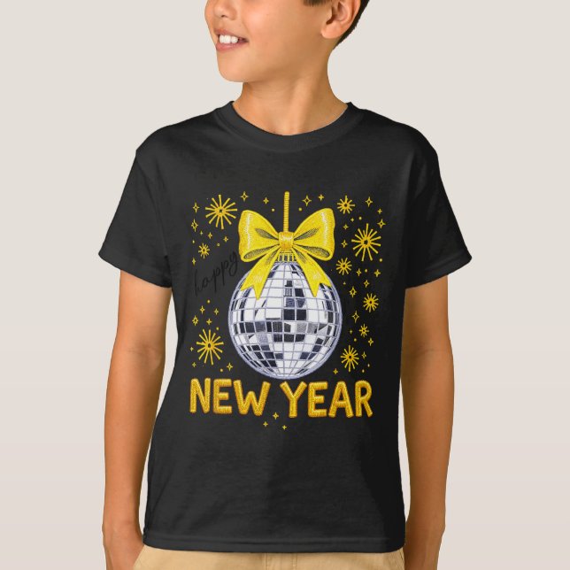 Camiseta Happy New Year 2026 Golden Disco Ball Bow New Year (Frente)