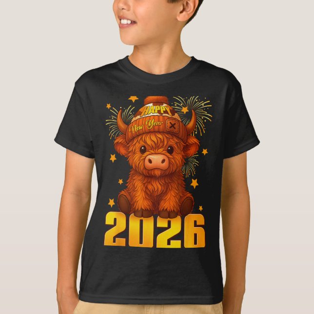 Camiseta Happy New Year 2026 Highland Cow &amp; Party Hat N (Frente)