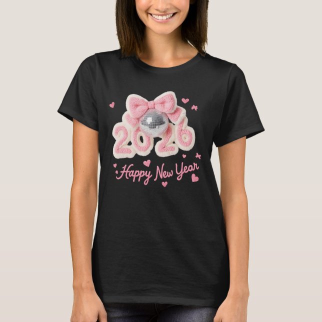 Camiseta Happy New Year 2026 Pink Fuzzy Disco Ball Tee (Frente)