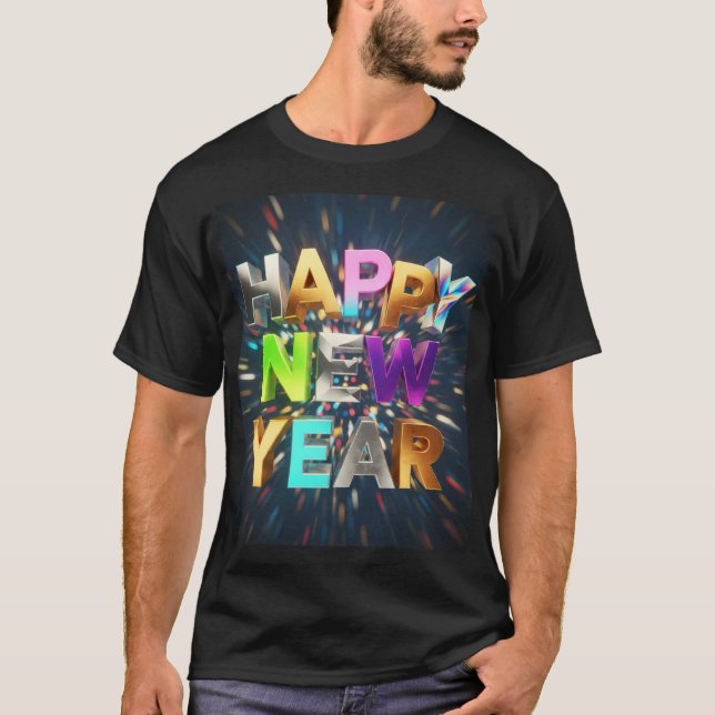 Camiseta Happy New Year 3D Metallic Text – Festive Celebrat (Frente)