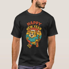 Camiseta Happy New Year Cat - Cute 80s Cartoon Skating  