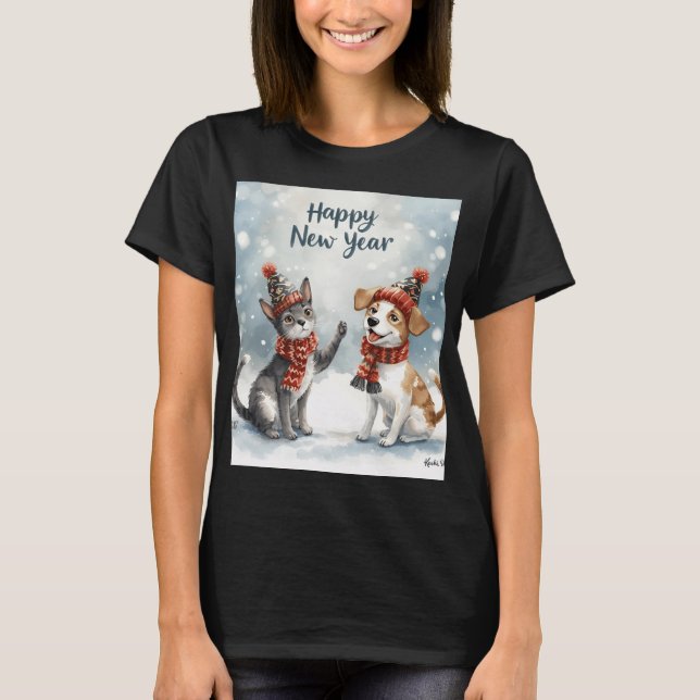 Camiseta Happy New Year – Cute Animals in Festive Hats & Sc (Frente)