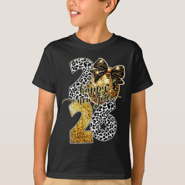 Camiseta Happy New Year Cute Gold Disco Ball Bow New Year's (Frente)