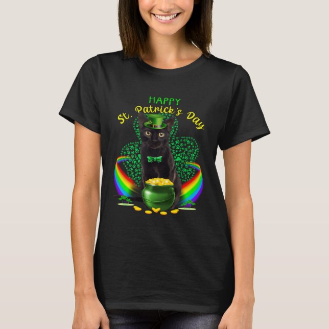 Camiseta Happy St Patricks Day Black Cat Leprechaun Hat Sha (Frente)
