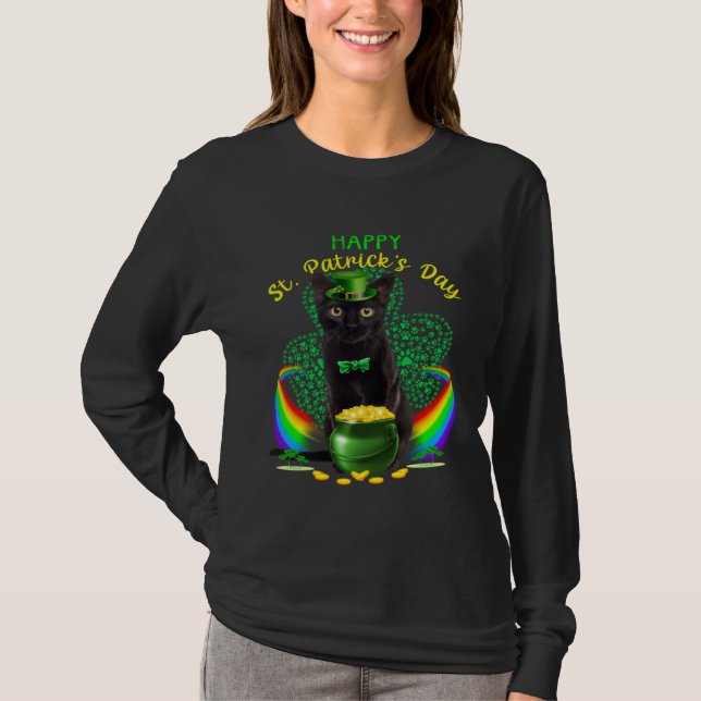 Camiseta Happy St Patricks Day Black Cat Leprechaun Hat Sha (Frente)