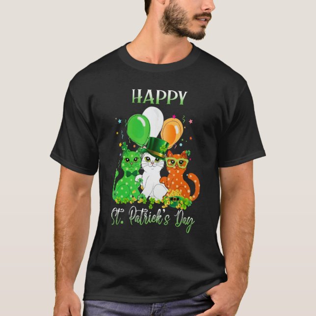 Camiseta Happy St Patrick's Day Cats Ireland Flag Shamrock  (Frente)