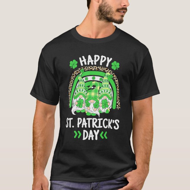 Camiseta Happy St Patricks Day Leopard Rainbow Irish Gnomes (Frente)