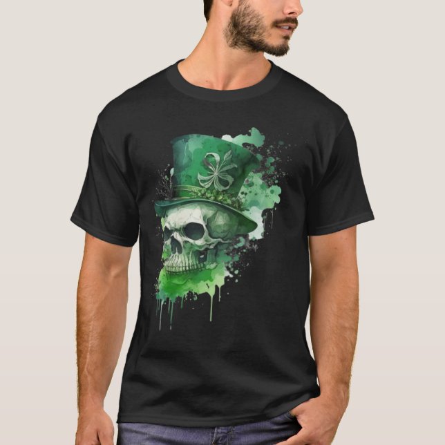 Camiseta Happy St Patricks Day Skull C Green Shamrock (Frente)