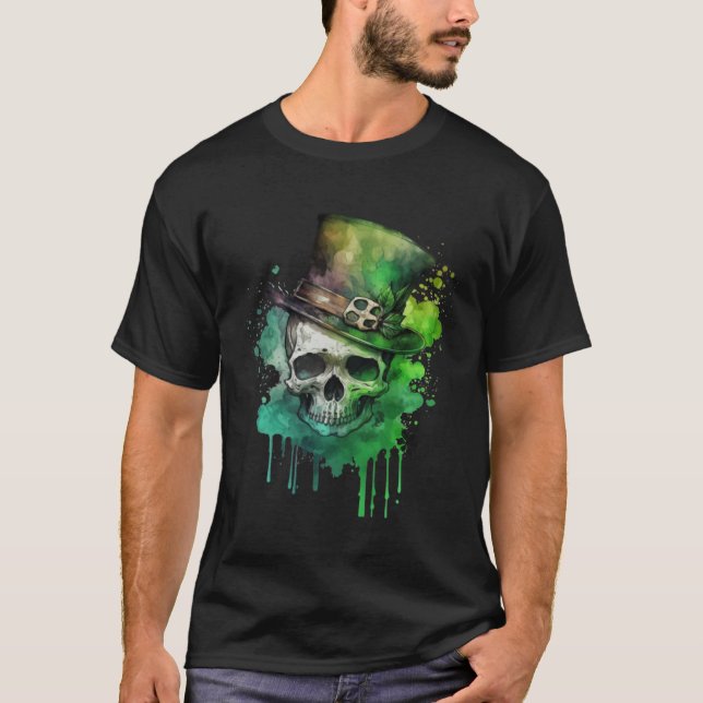 Camiseta Happy St Patricks Day Skull C Green Shamrock  10 (Frente)