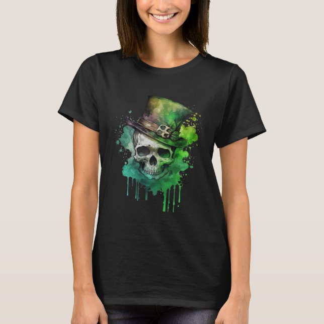 Camiseta Happy St Patricks Day Skull C Green Shamrock  10 (Frente)