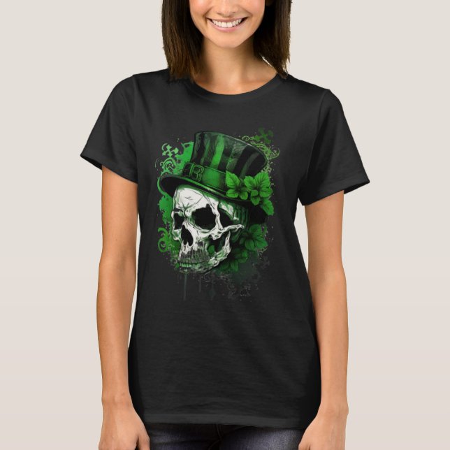 Camiseta Happy St Patricks Day Skull C Green Shamrock  3 (Frente)