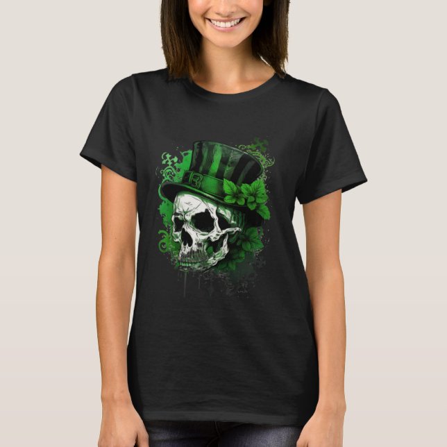 Camiseta Happy St Patricks Day Skull C Green Shamrock  9 (Frente)