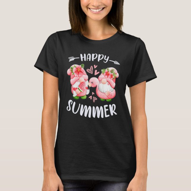 Camiseta Happy summer pink gnomes with flamingo swim ring (Frente)