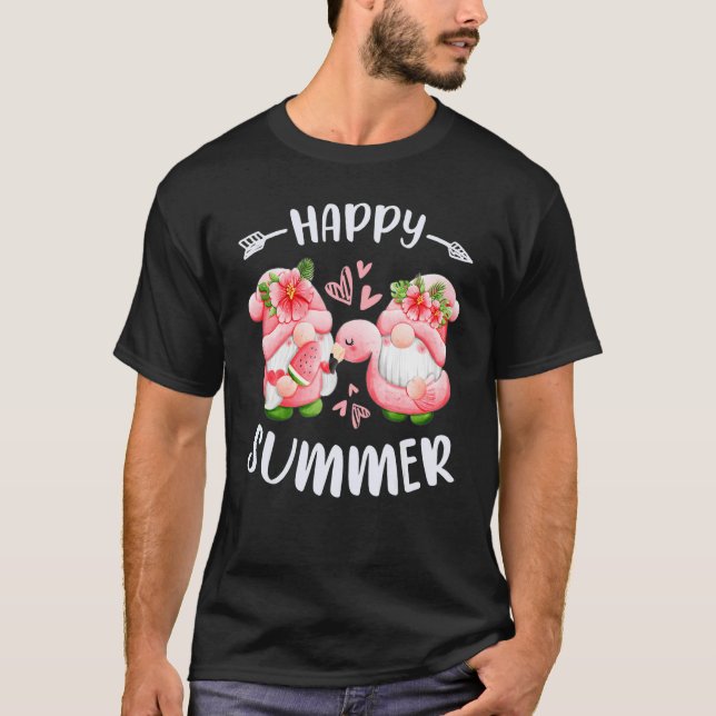 Camiseta Happy summer pink gnomes with flamingo swim ring (Frente)