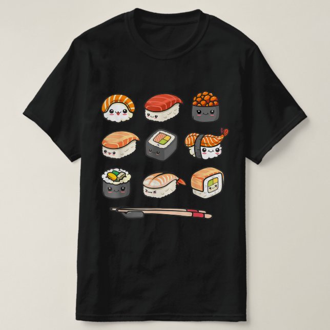 Camiseta Happy Sushi Anime Kawaii Set Japanese Food Lover O (Frente do Design)