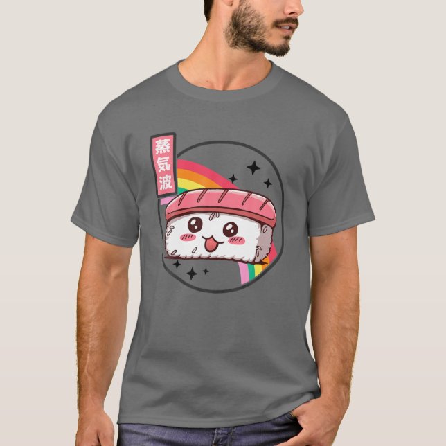 Camiseta Happy Sushi Rainbow Retro Japan Style Otaku Vaporw (Frente)