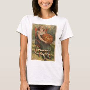 Camiseta Happy Thanksgibing   Vintage Girl with Pumpkin