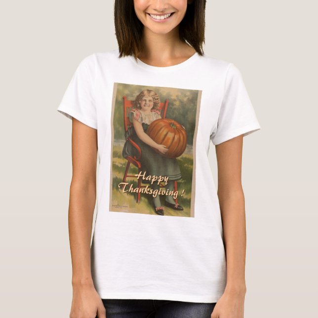 Camiseta Happy Thanksgibing | Vintage Girl with Pumpkin (Frente)
