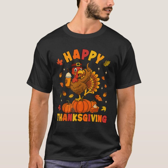 Camiseta Happy Thanksgiving Funny Turkey Drinking Coffee Pu (Frente)