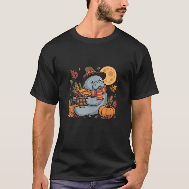 Camiseta Happy Thanksgiving Manatee with Pumpkin Pie Autumn (Frente)