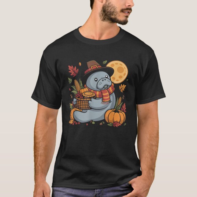 Camiseta Happy Thanksgiving Manatee with Pumpkin Pie Autumn (Frente)