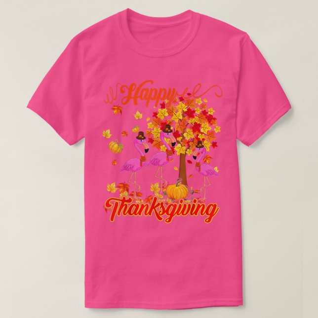 Camiseta Happy Thanksgiving Three Funny Flamingos Wearing H (Frente do Design)