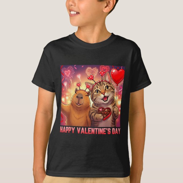 Camiseta Happy Valentines 2026 Cute Cat Capybara Party Art  (Frente)