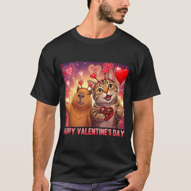 Camiseta Happy Valentines 2026 Cute Cat Capybara Party Art  (Frente)