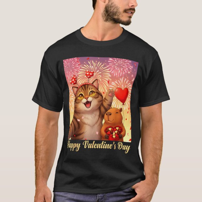 Camiseta Happy Valentines 2026 Cute Cat Capybara Party Art  (Frente)