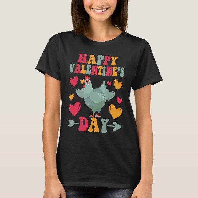 Camiseta Happy Valentines Day Chickens Heart Love Groovy (Frente)