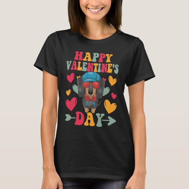 Camiseta Happy Valentines Day Dachshund Heart Love Groovy (Frente)