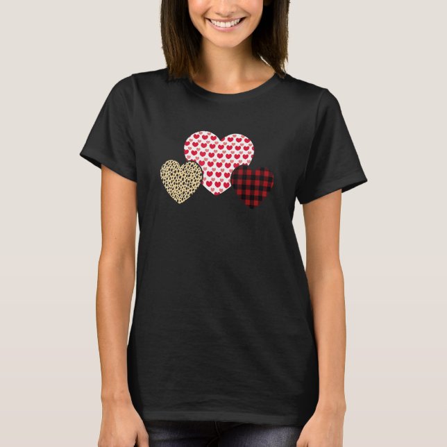 Camiseta Happy Valentines Day Hearts Leopard Buffalo Plaid  (Frente)