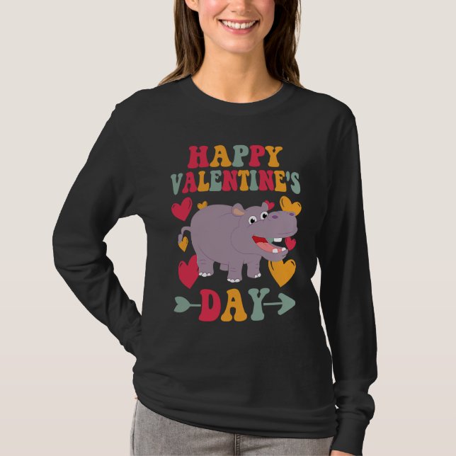 Camiseta Happy Valentines Day Hippo Heart Love Groovy (Frente)