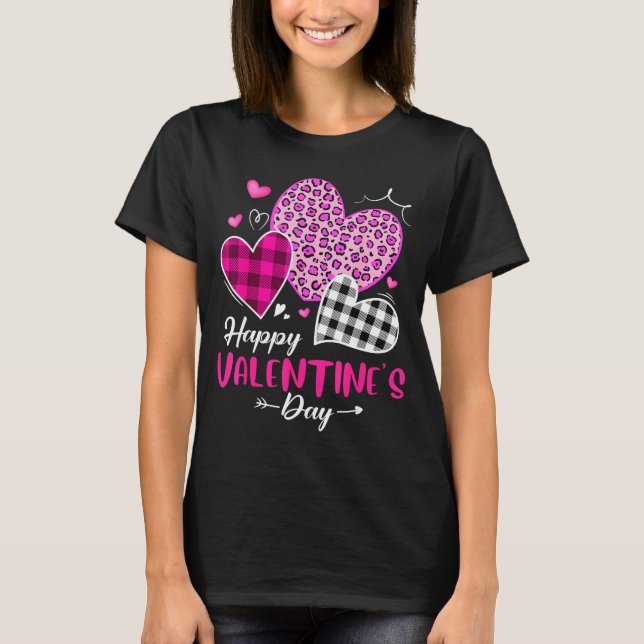 Camiseta Happy Valentine's Day Leopard And Plaid Hearts Gir (Frente)