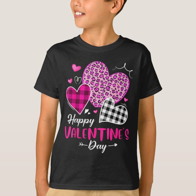 Camiseta Happy Valentine's Day Leopard And Plaid Hearts Gir (Frente)