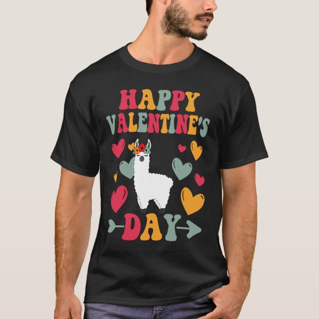Camiseta Happy Valentines Day Llama Heart Love Groovy (Frente)