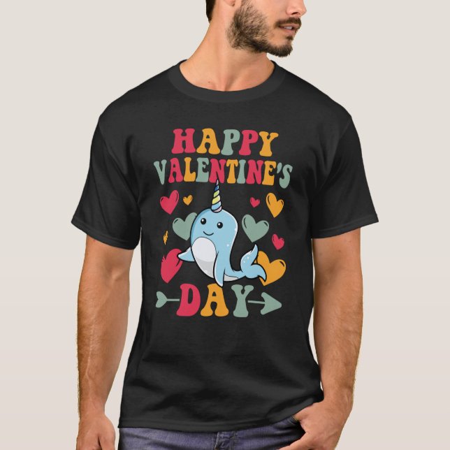 Camiseta Happy Valentines Day Narwhal Heart Love Groovy (Frente)