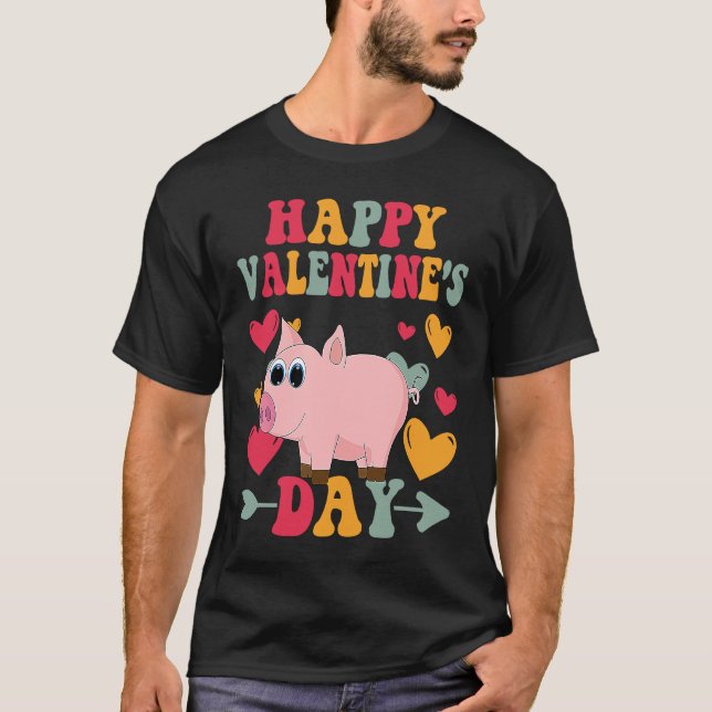 Camiseta Happy Valentines Day Pig Heart Love Groovy (Frente)