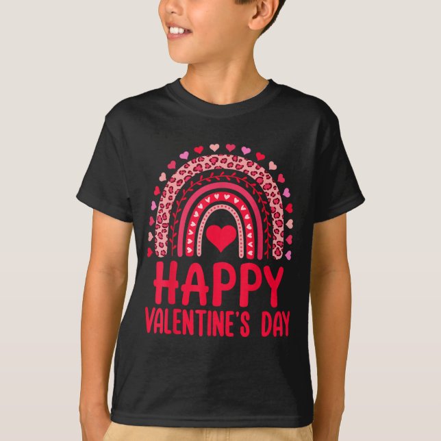 Camiseta Happy Valentines Day Red Hearts Rainbow Leopard Wo (Frente)