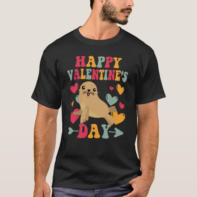 Camiseta Happy Valentines Day Sea Lion Heart Love Groovy (Frente)