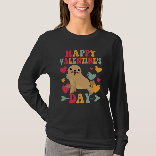 Camiseta Happy Valentines Day Sea Lion Heart Love Groovy (Frente)