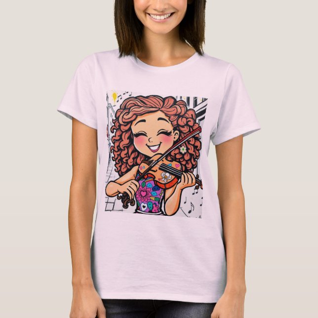 Camiseta Happy Violin Girl Cartoon for Music Lovers (Frente)