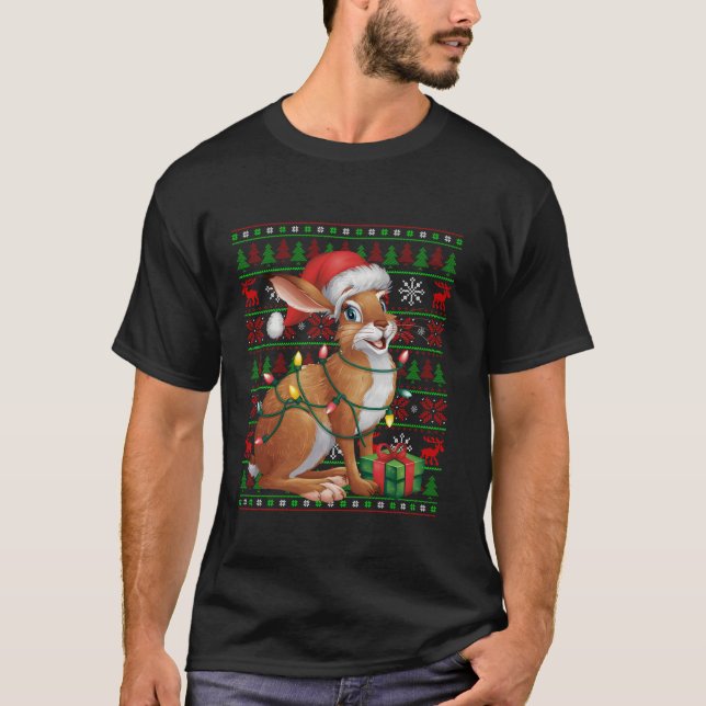 Camiseta Hare Xmas Luzes Ugly Santa Hat Hare Natal T S (Frente)