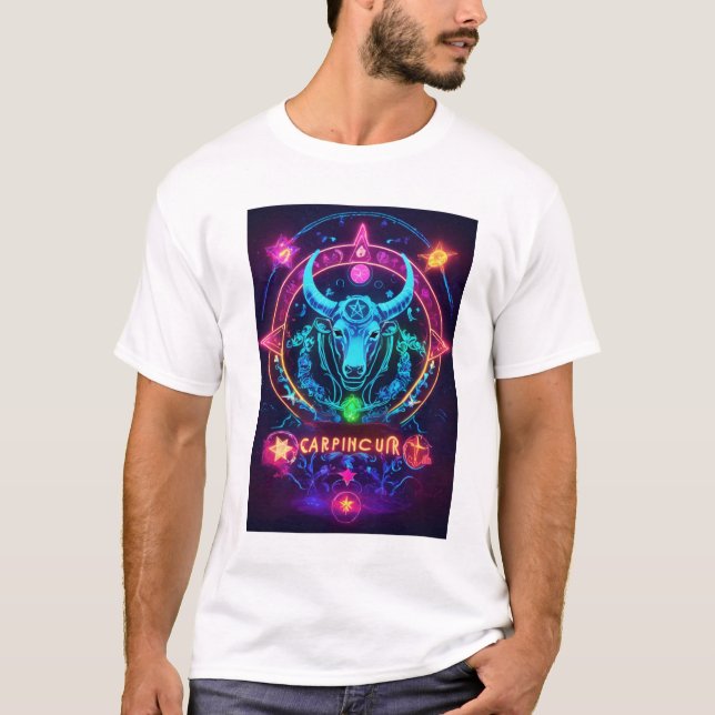Camiseta Harmonia Celestial: Capricórnio & Taurus Neon Zodi (Frente)