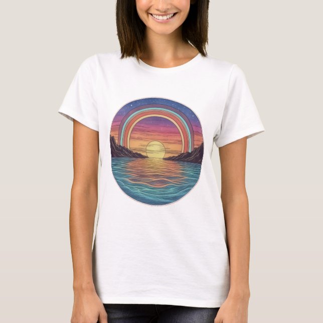 Camiseta Harmonia Celestial: Reflexões Sunset do Arco-Íris (Frente)