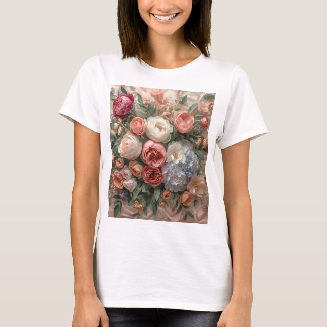 Camiseta Harmonia de Flor Éterea: Floral Couture em Pastéis (Frente)