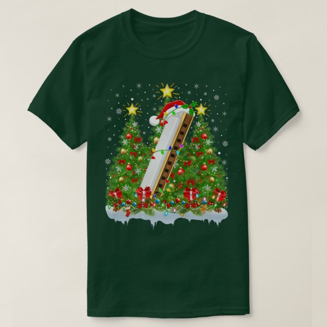 Camiseta Harmonica Xmas Lights Papais noeis Harmonica Natal (Frente do Design)